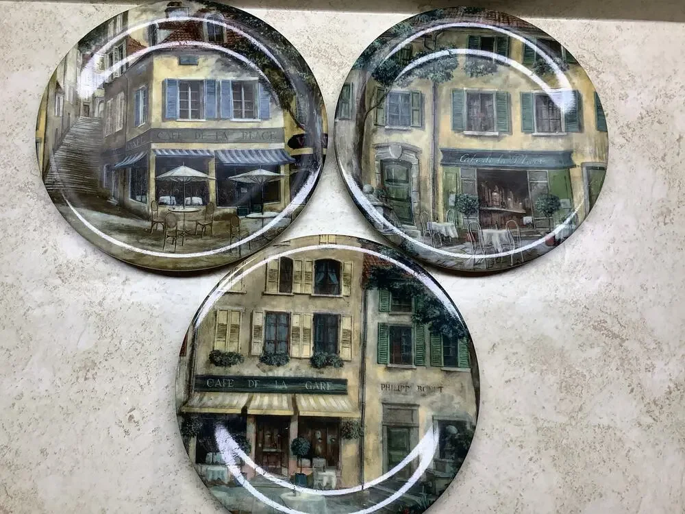222 Fifth French Cafes Plates - Set of 3 - Porcelain Luncheon Salad Dessert 8
